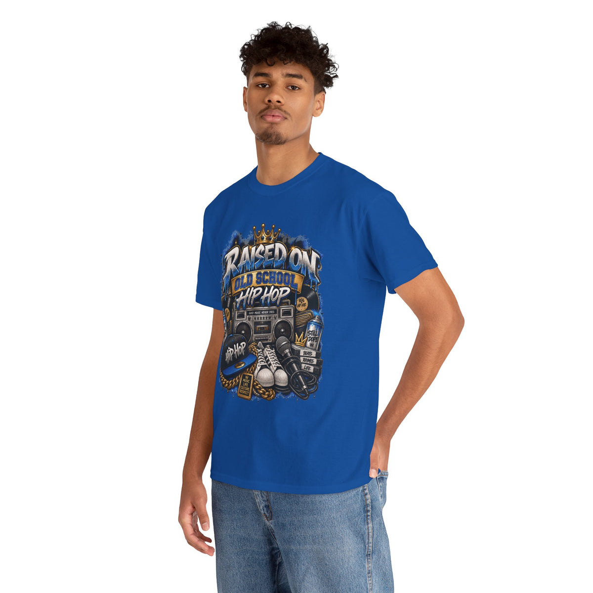 Raised On Old School Hip Hop T-Shirt | Retro Boombox Sneakers Crown Design