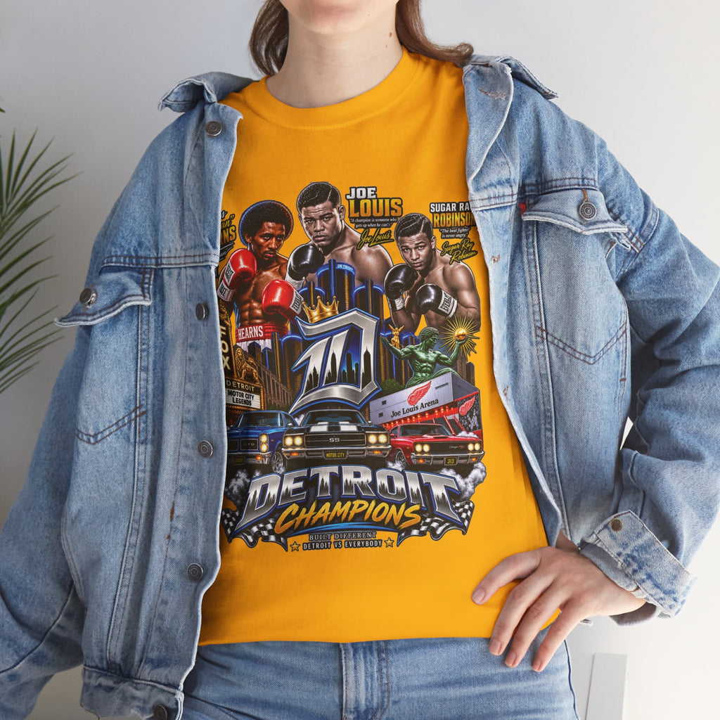 Detroit Champions T-Shirt | Motor City Boxing Legends, Classic Cars, City Skyline