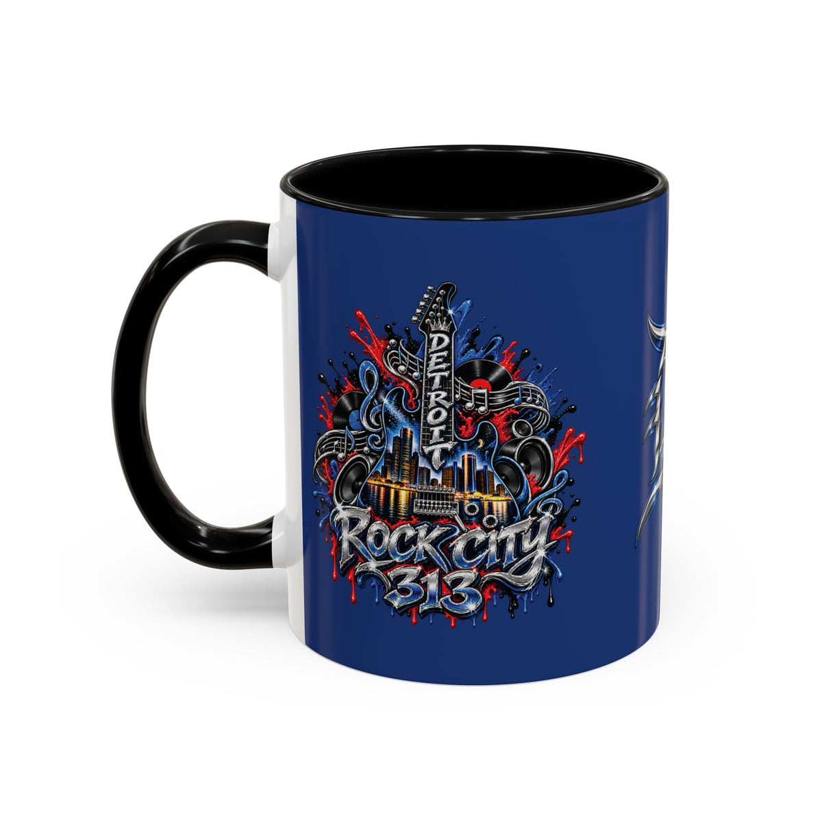 Detroit Rock City 313 Blue Accent Mug | Cityscape Guitar Graffiti Design