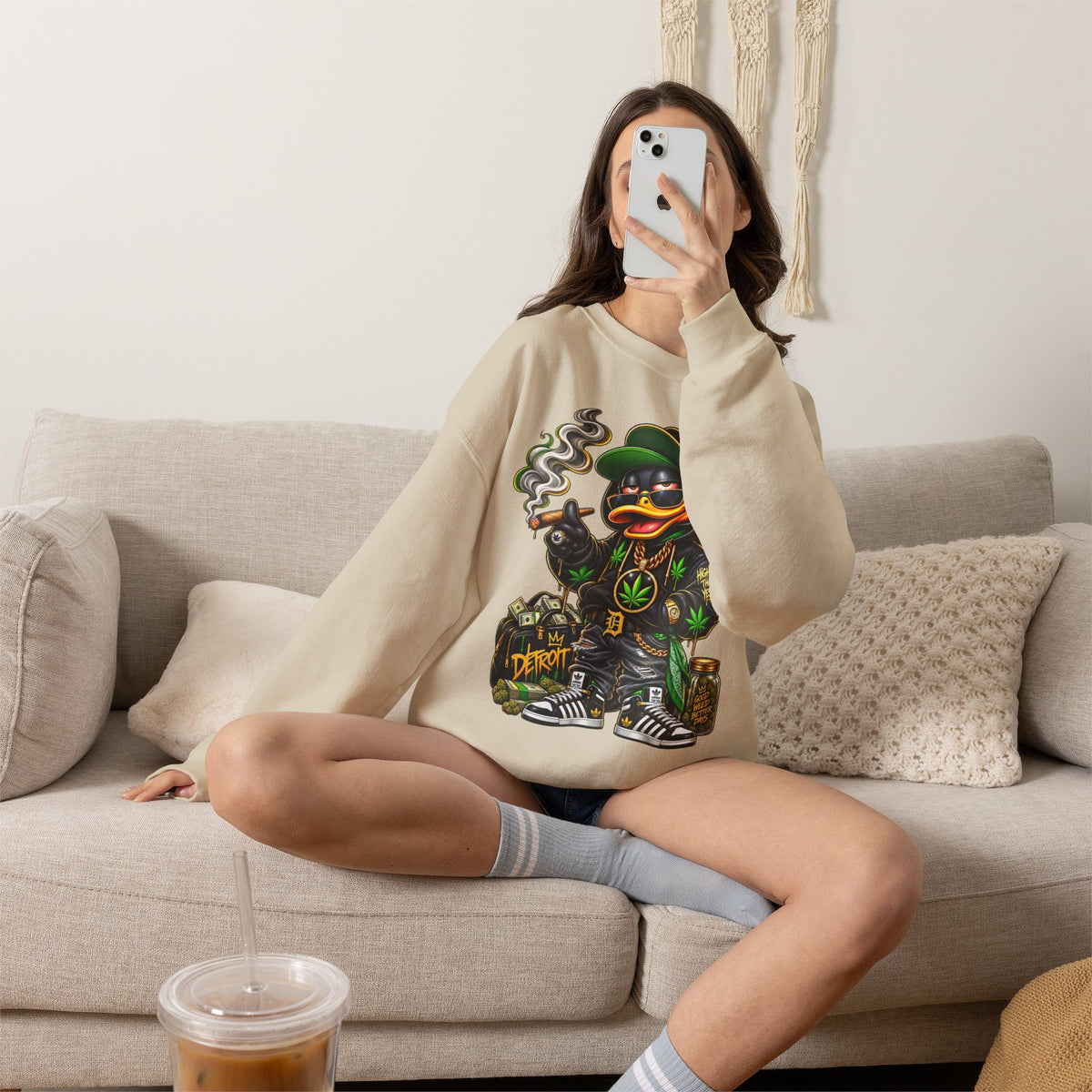 Weed Duck Smoking Cartoon Sweatshirt | Cannabis Leaf Streetwear Crewneck