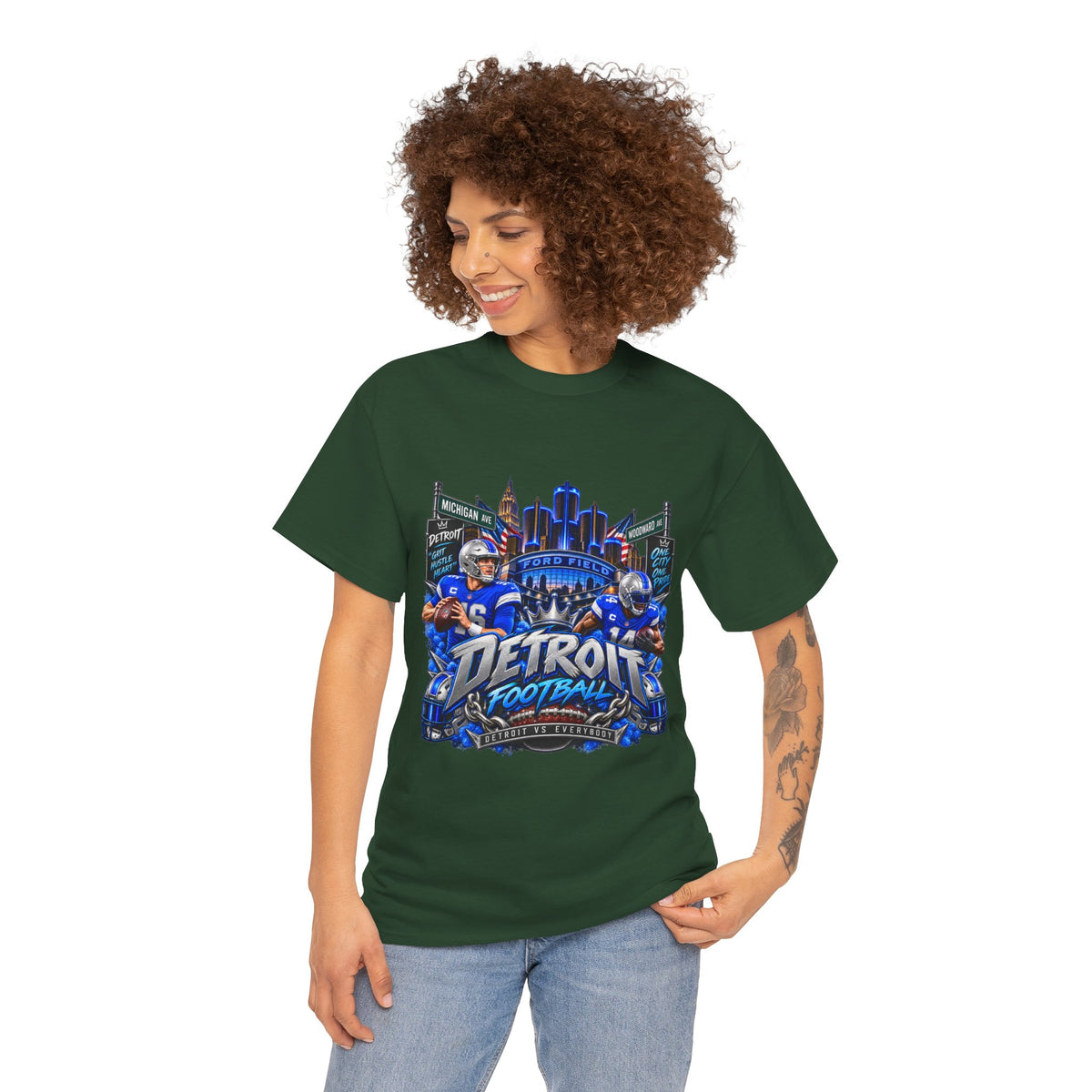 Detroit Football Graphic Tee | City Skyline, Players, Lions-Inspired Design