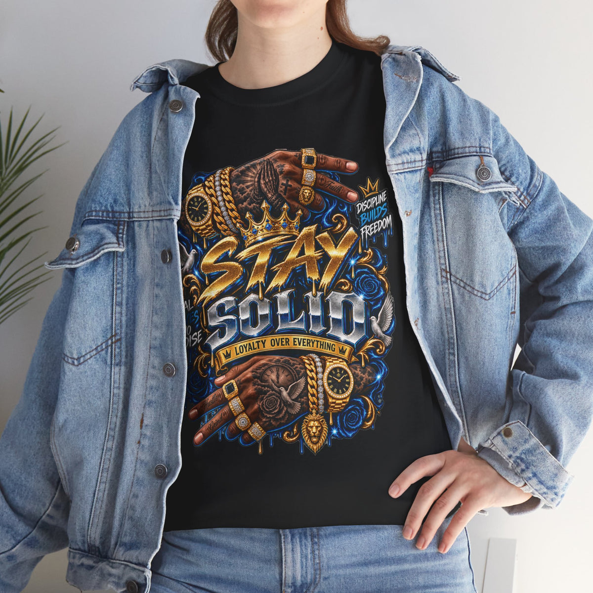 Stay Solid graphic tee | Urban street art typography, gold chain hands