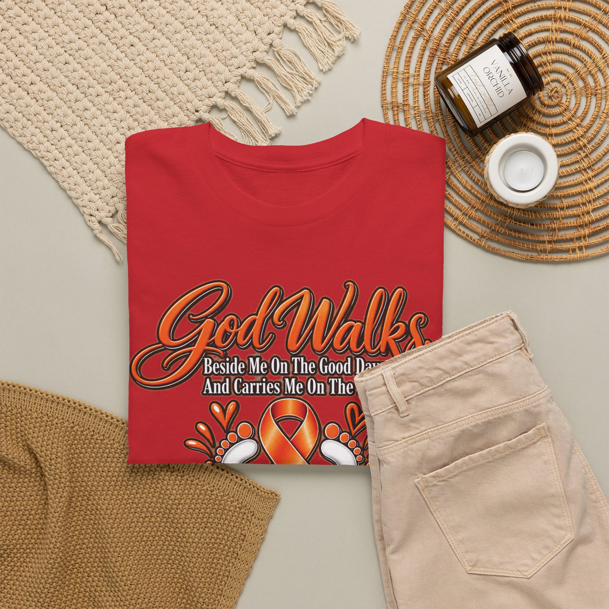 God Walks orange awareness ribbon T-Shirt | I'll Never Walk Alone, Faith Support