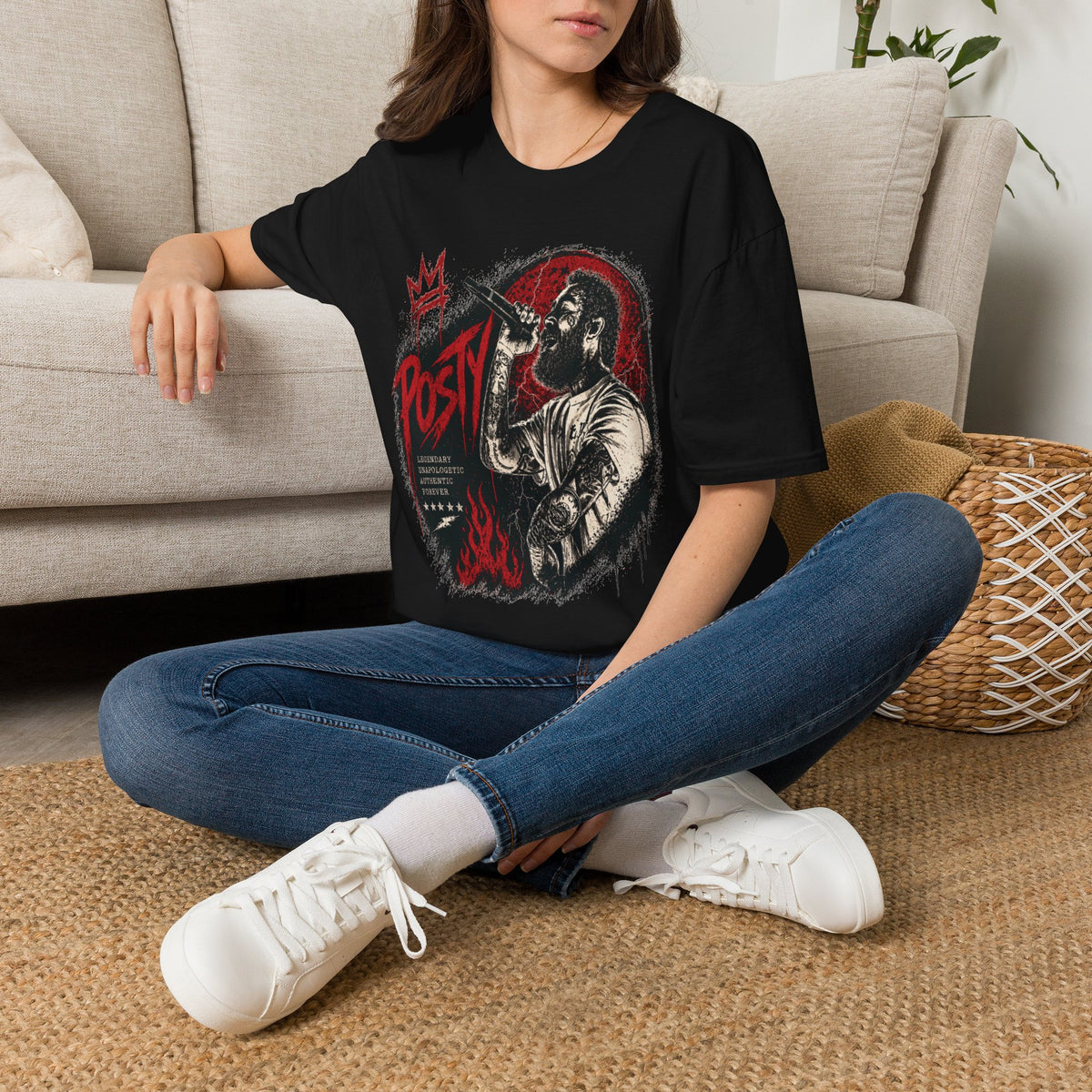 Posty Singer Portrait T-Shirt | Concert Mic Illustration, Red Black Grunge