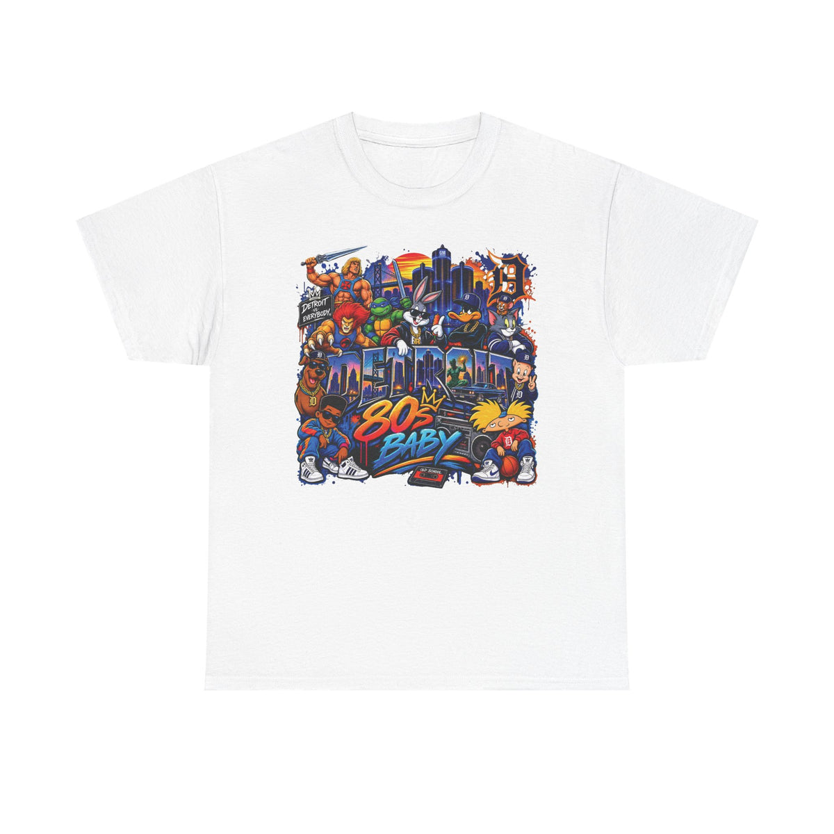 Retro 80s Baby Graphic Tee | Neon Cityscape, Vintage Arcade Characters