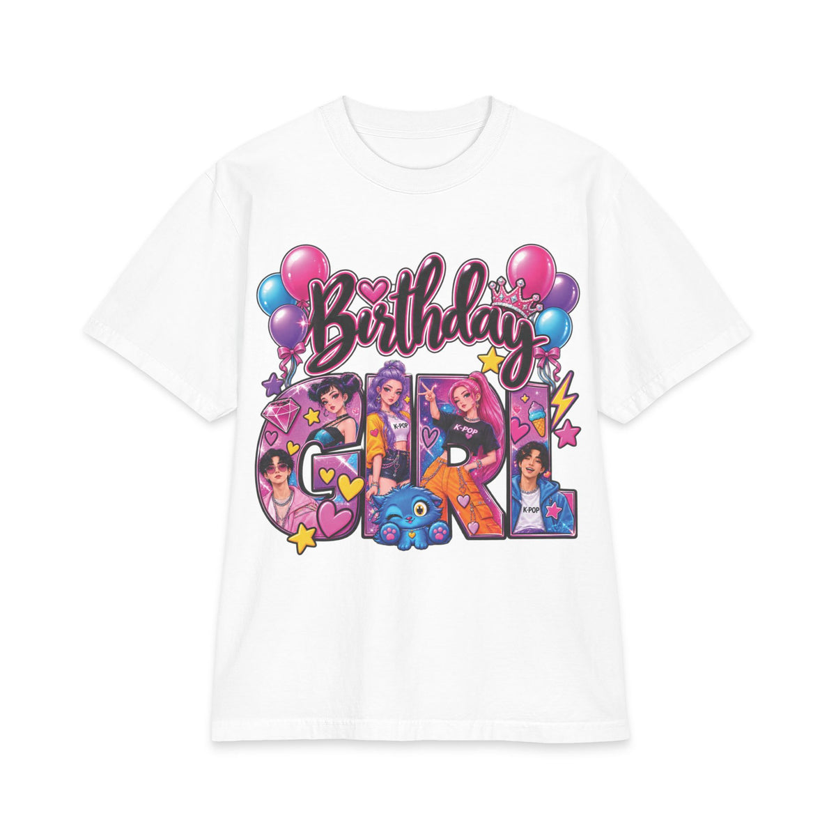 Kpop Hunter Demon Birthday Girl T-Shirt | Colorful Cartoon Letters, Balloons & Characters
