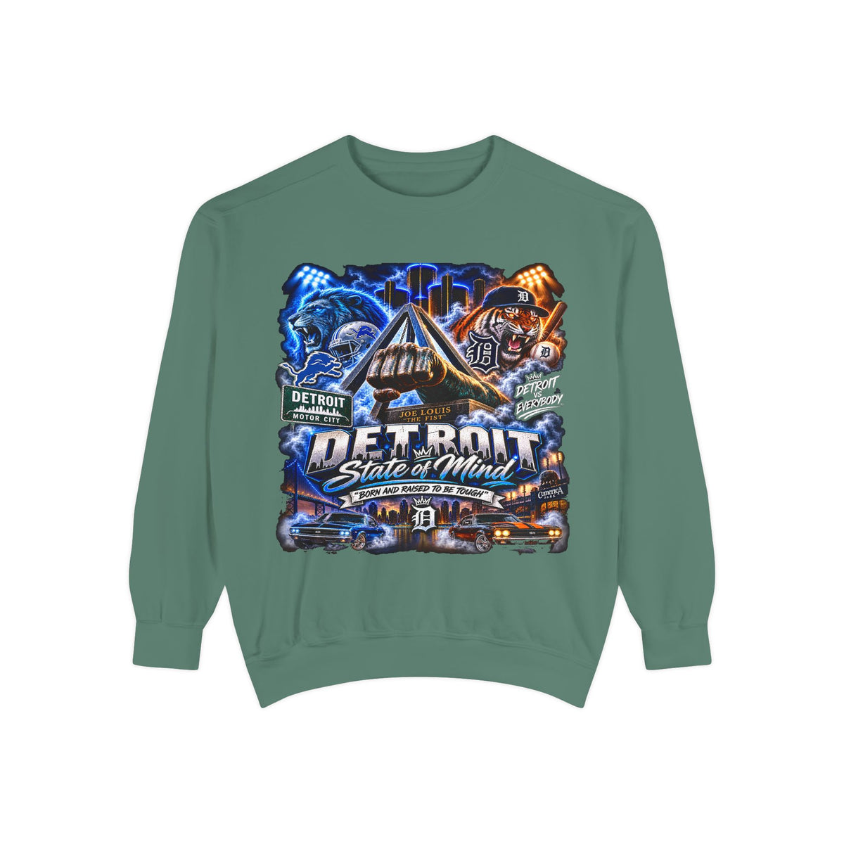 Detroit Skyline Motor City graphic Sweatshirt | Vintage cityscape, engine, blue orange