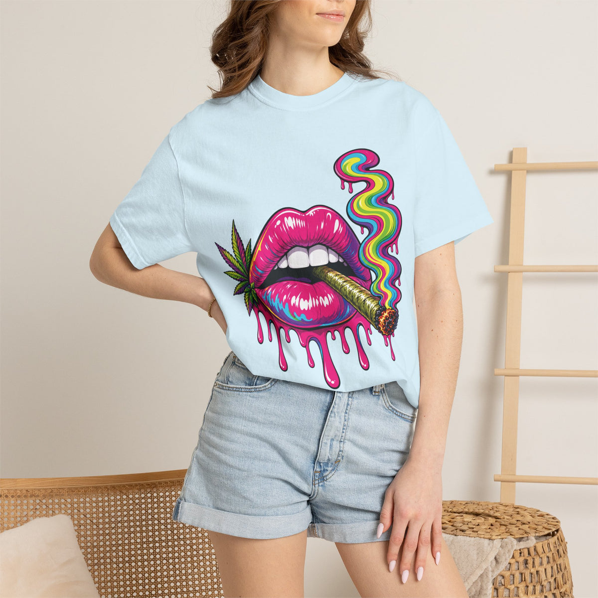 Dripping Rainbow Lips Smoking Joint T-shirt | Cannabis Art