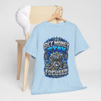 Get Money Stay Focused T-Shirt | Money Skull Graphic, Blue Typography