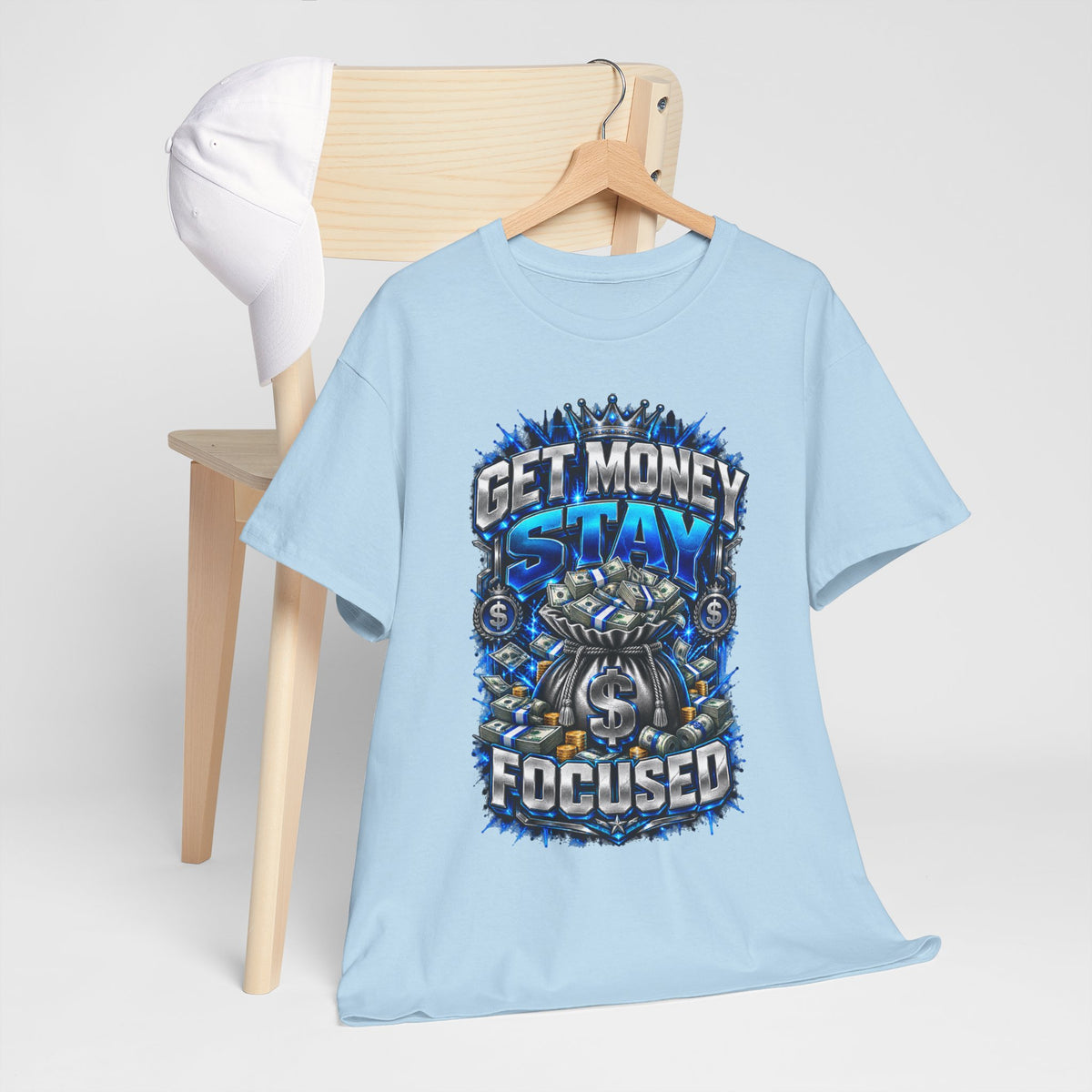 Get Money Stay Focused T-Shirt | Money Skull Graphic, Blue Typography