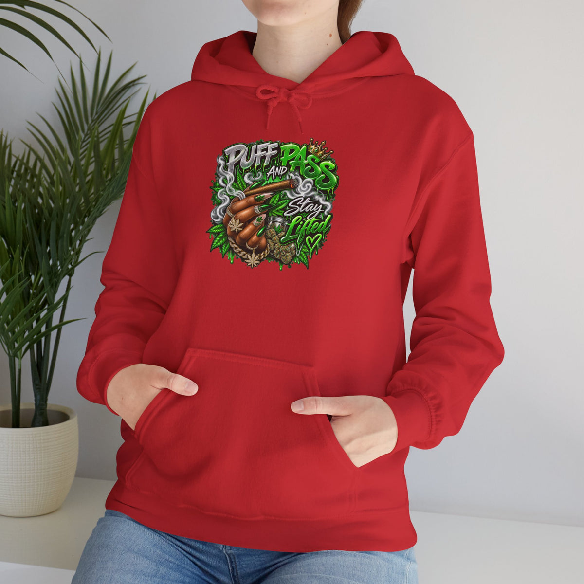 Puff Pass Stay Lifted Hoodie | Cannabis Leaf, Smoky Hand Illustration