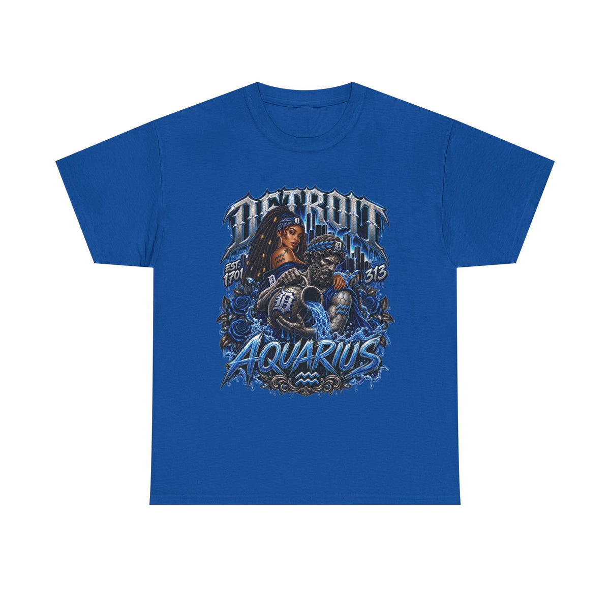 Detroit Aquarius T-Shirt | Detroit skyline, water wave zodiac graphic