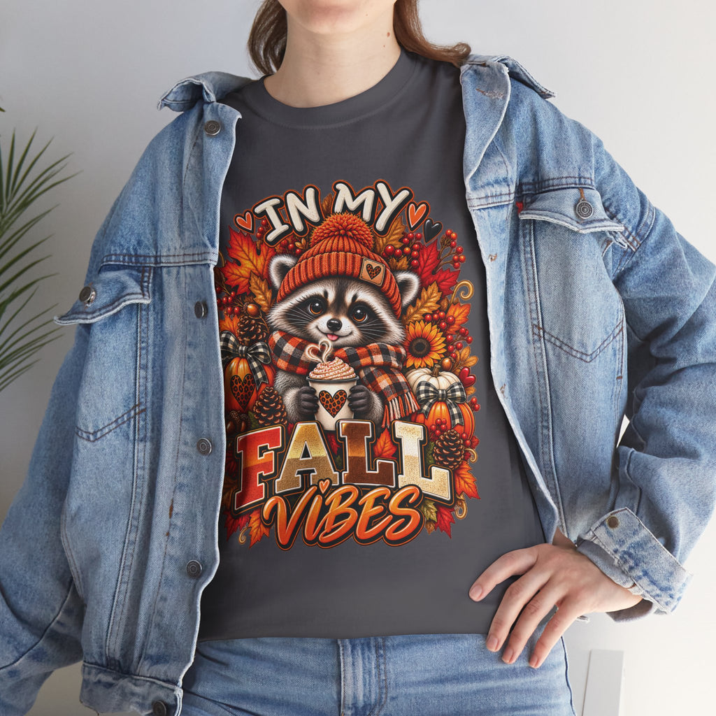 Cozy Raccoon Fall Vibes T-Shirt | Autumn Pumpkin Leaves Tee
