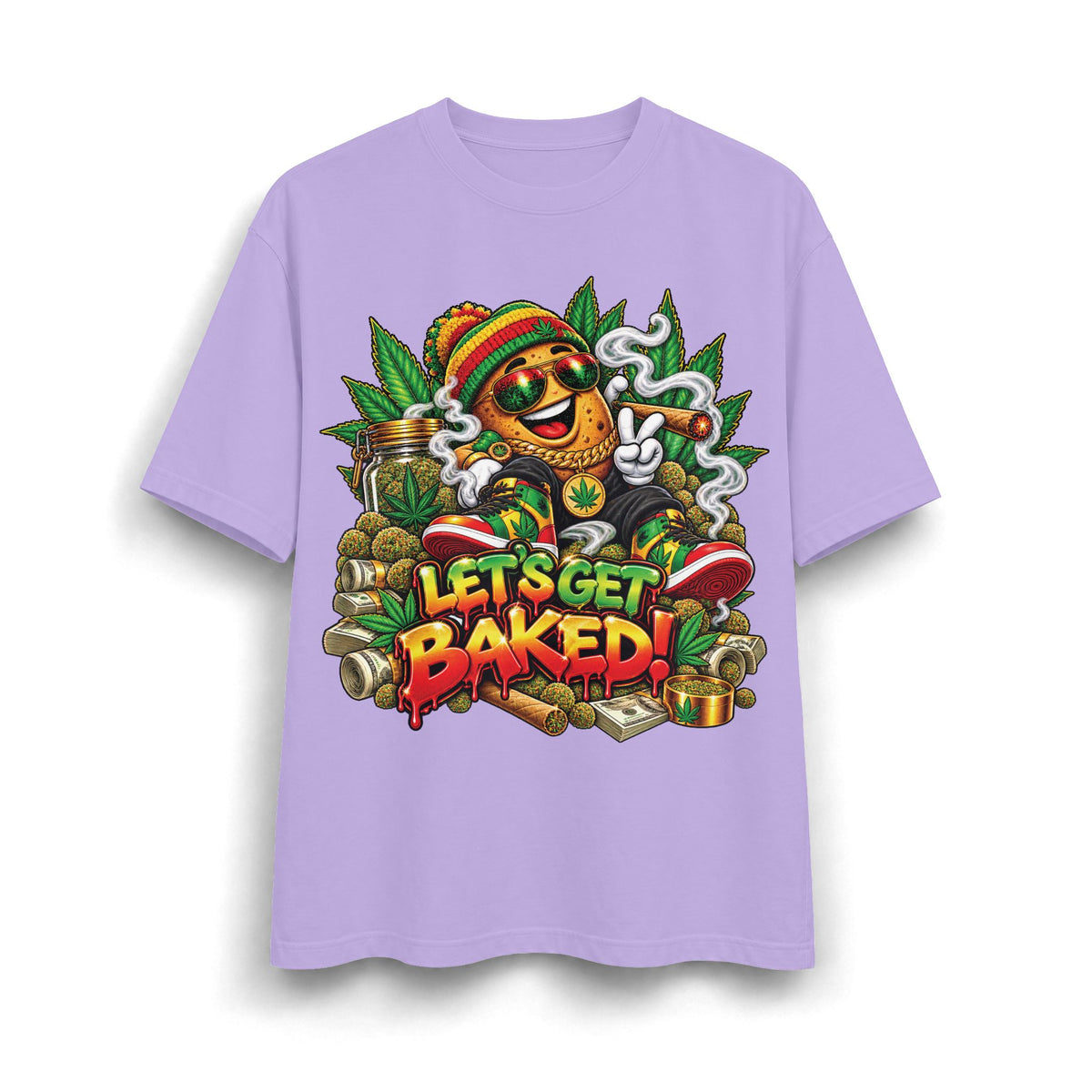 Detroit 420 Let's Get Baked marijuana leaf character T-Shirt | Rasta reggae cannabis design