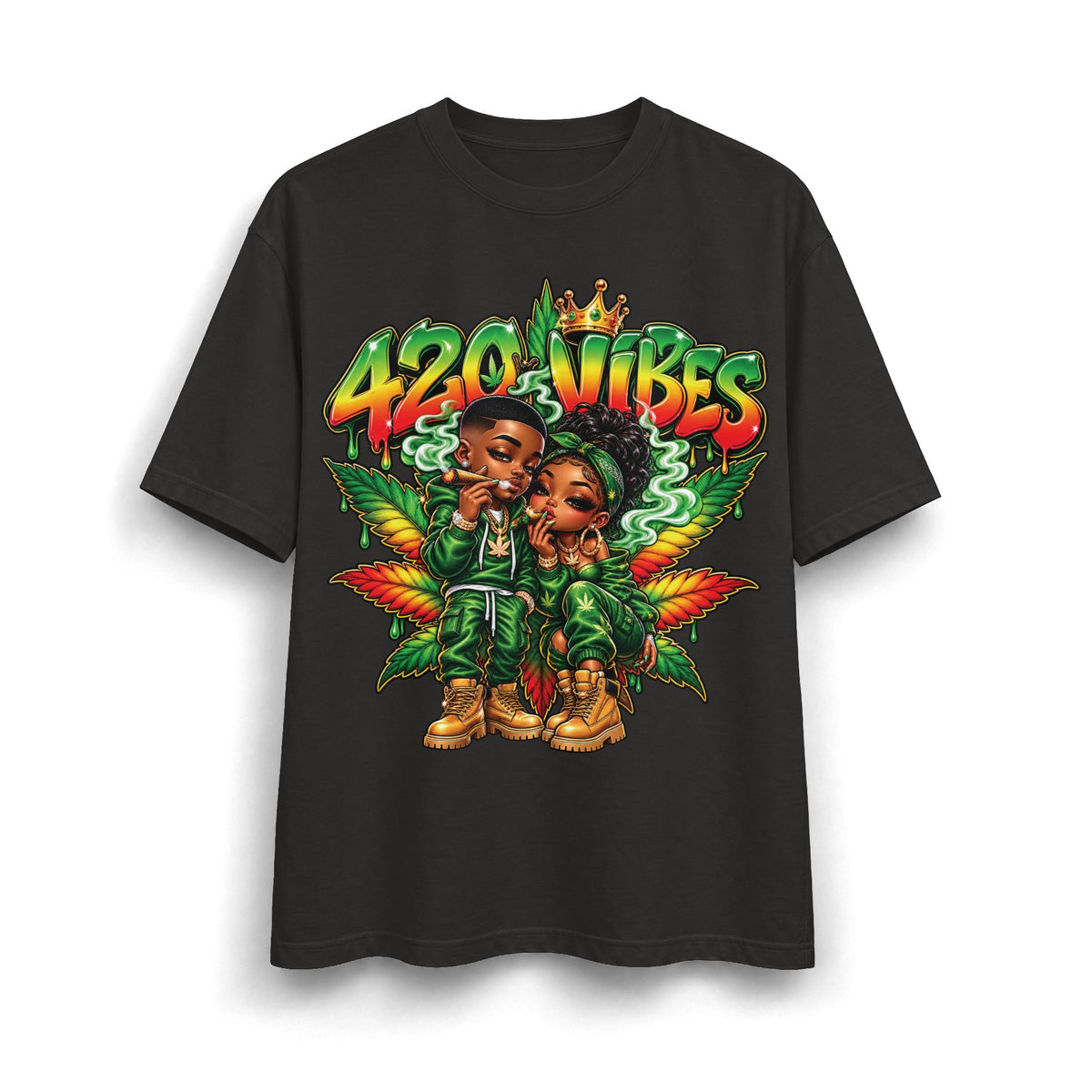 Detroit 420 Vibes Cartoon Couple T-Shirt | Cannabis Leaf Street Art Tee