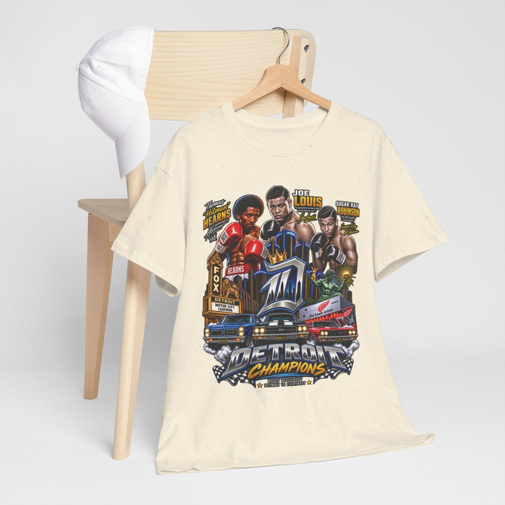 Detroit Champions T-Shirt | Motor City Boxing Legends, Classic Cars, City Skyline