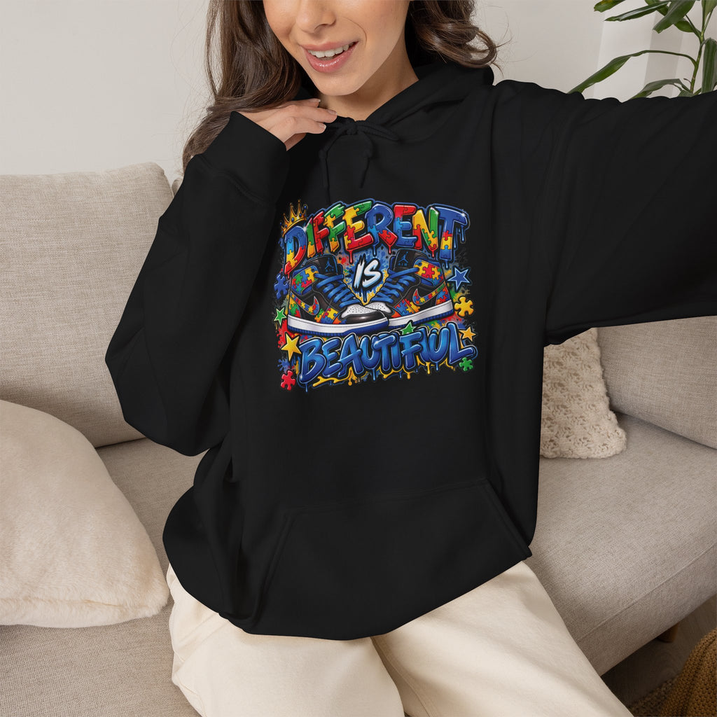 Different Is Beautiful hoodie | colorful graffiti text, stars & flowers
