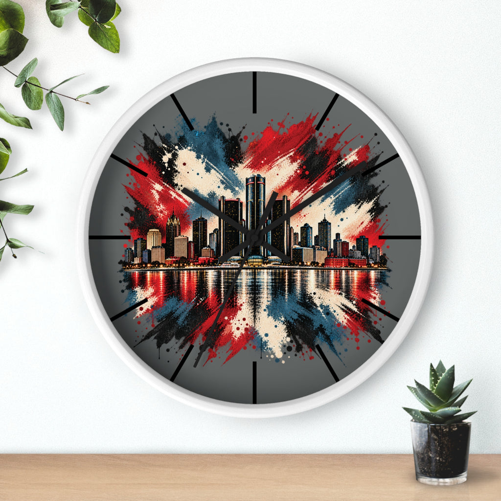 Urban Skyline Detroir Wall Clock – Red, White & Blue Cityscape Decor