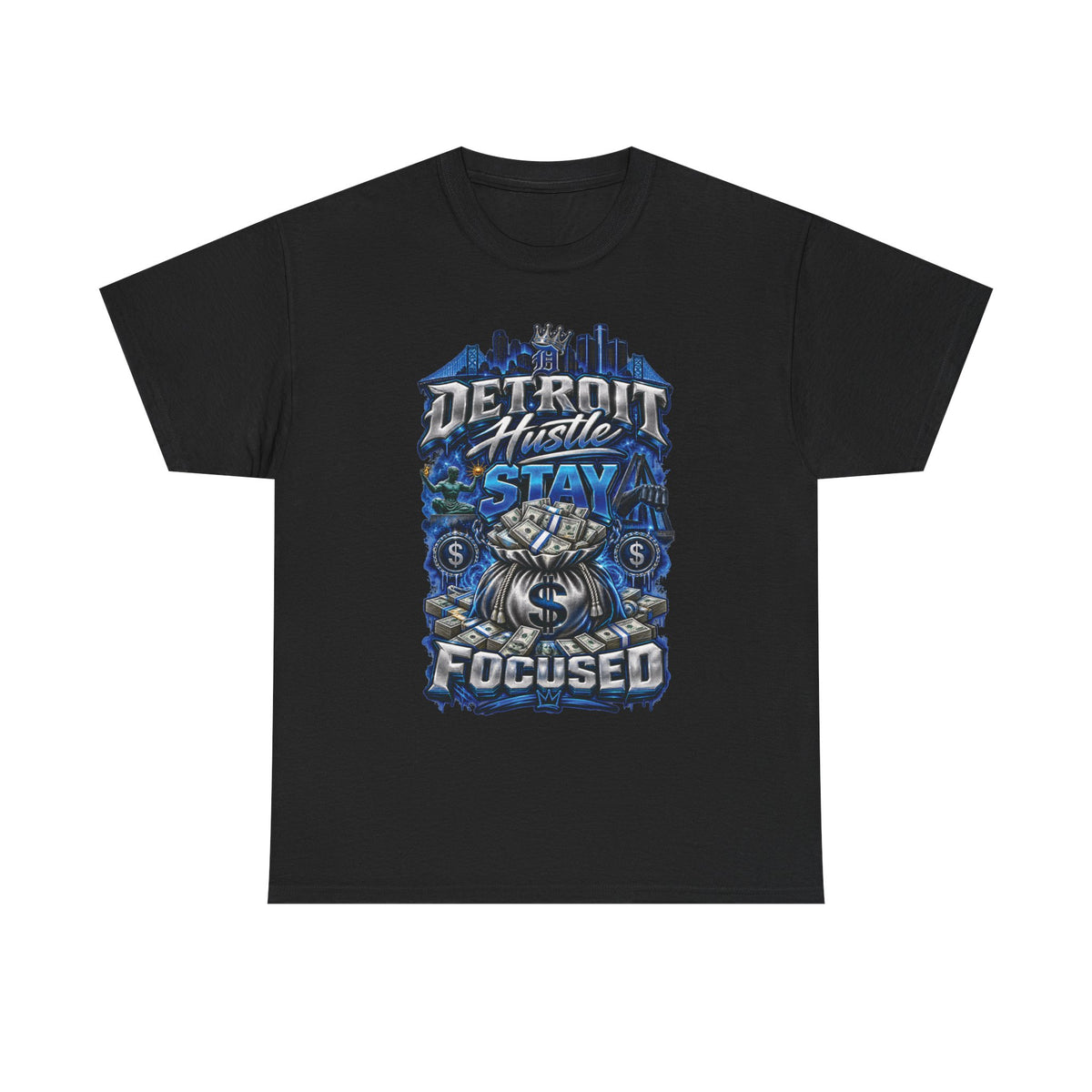Detroit Hustle Stay Focused Tee | City Skyline, Money Bag Graphic