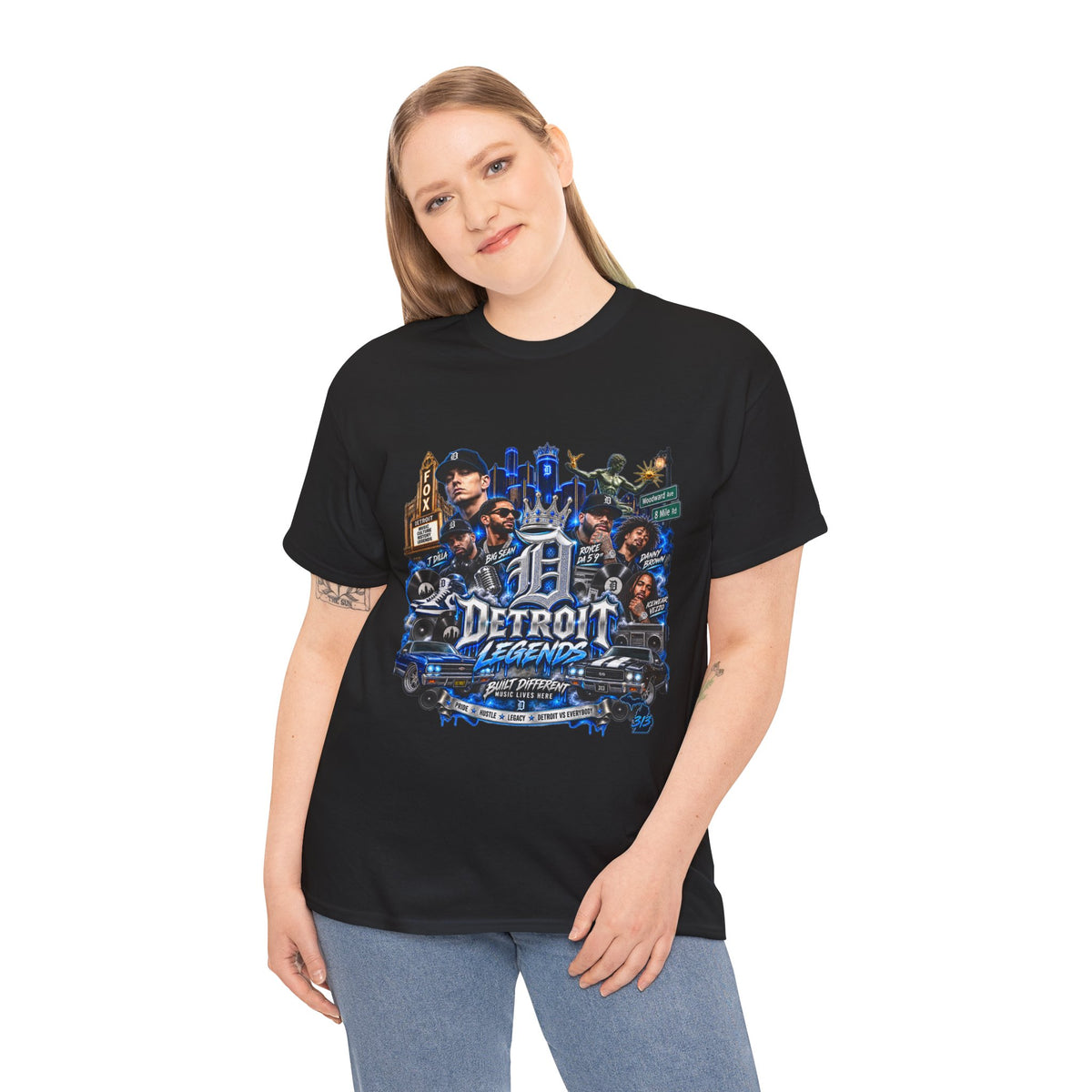 Detroit Legends collage T-Shirt | Motor City skyline, classic cars, musicians