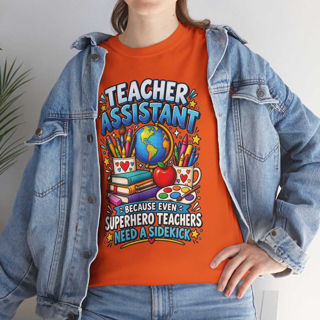 Teacher Assistant Tee | Colorful School Supplies, Globe, Apple, Superhero Theme
