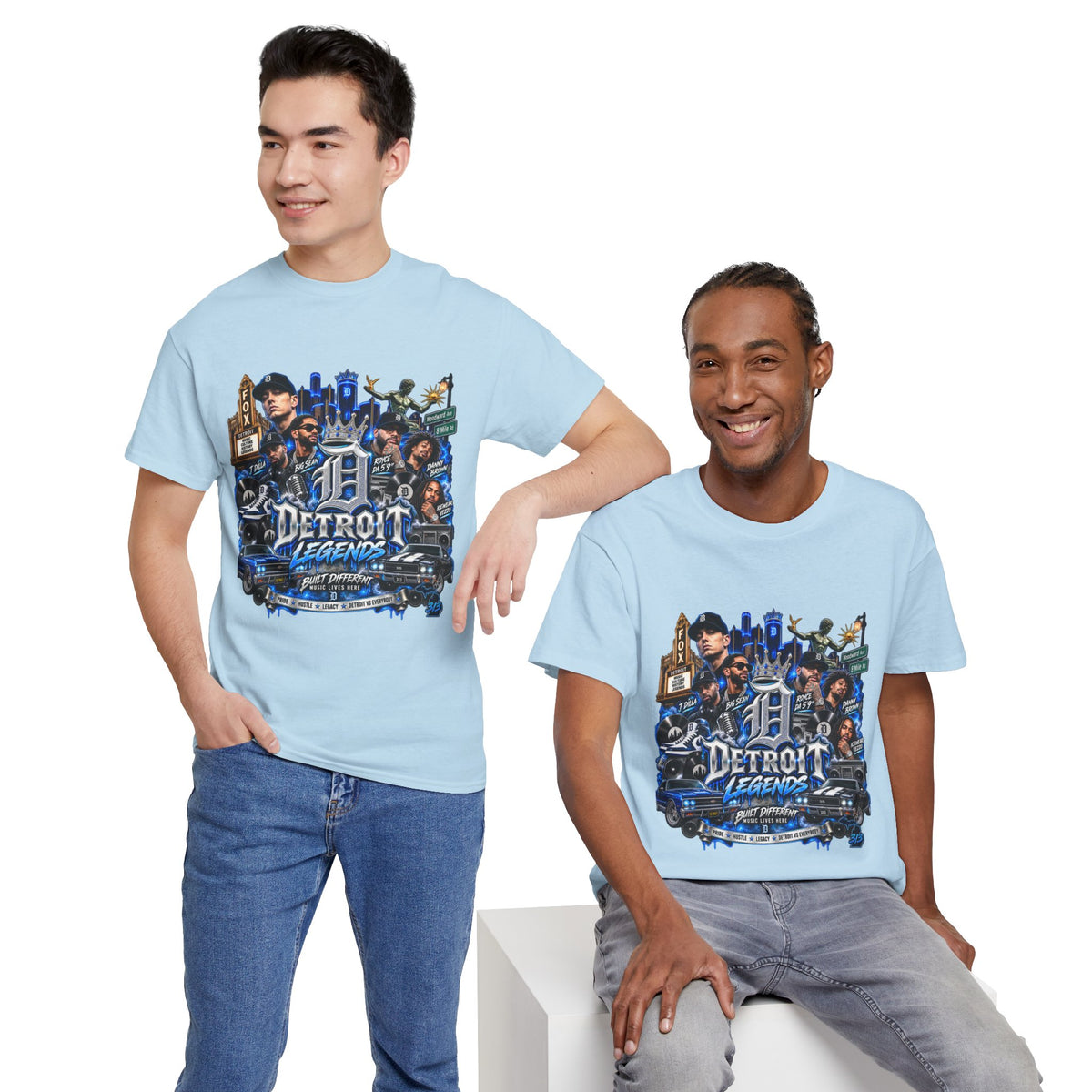 Detroit Legends collage T-Shirt | Motor City skyline, classic cars, musicians