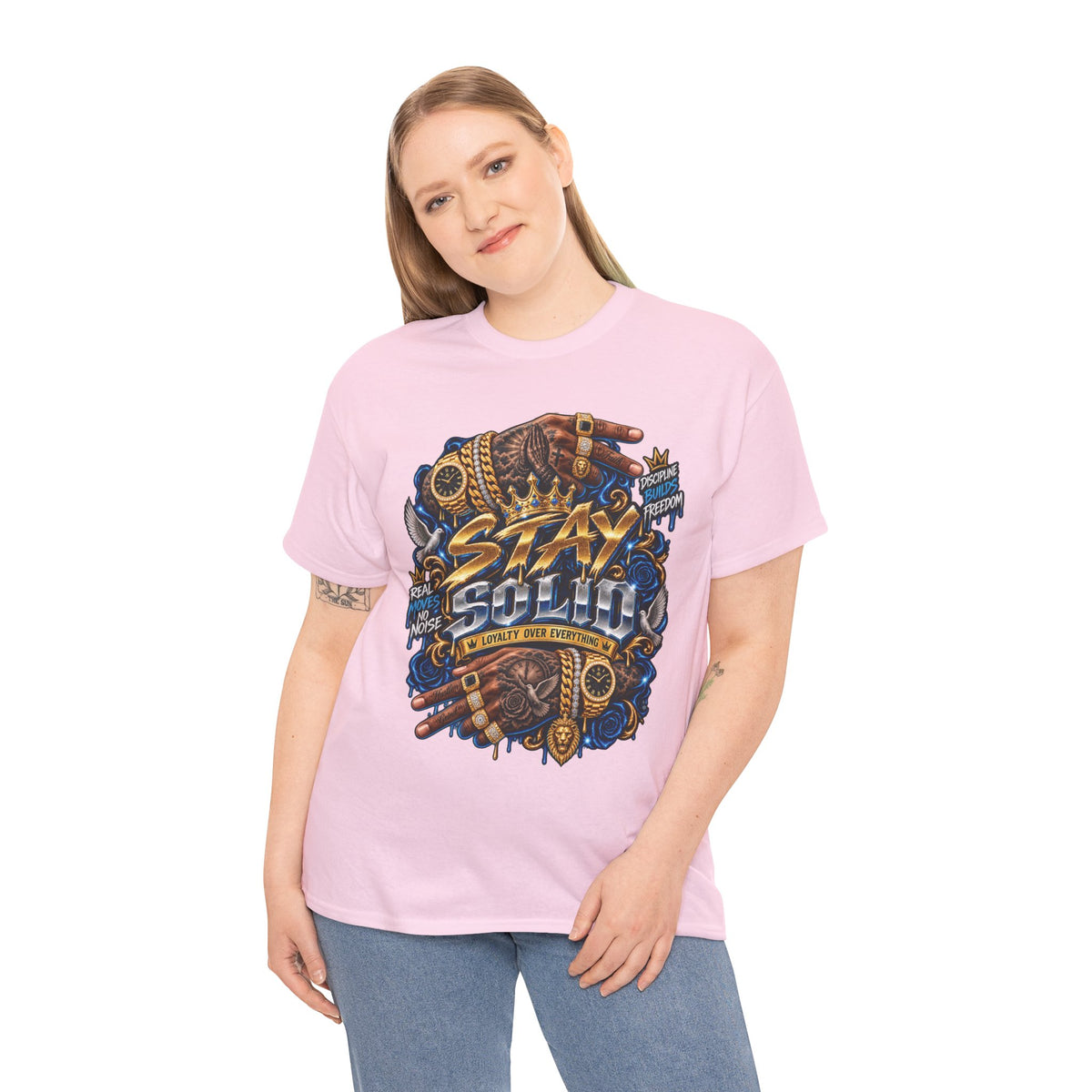 Stay Solid graphic tee | Urban street art typography, gold chain hands