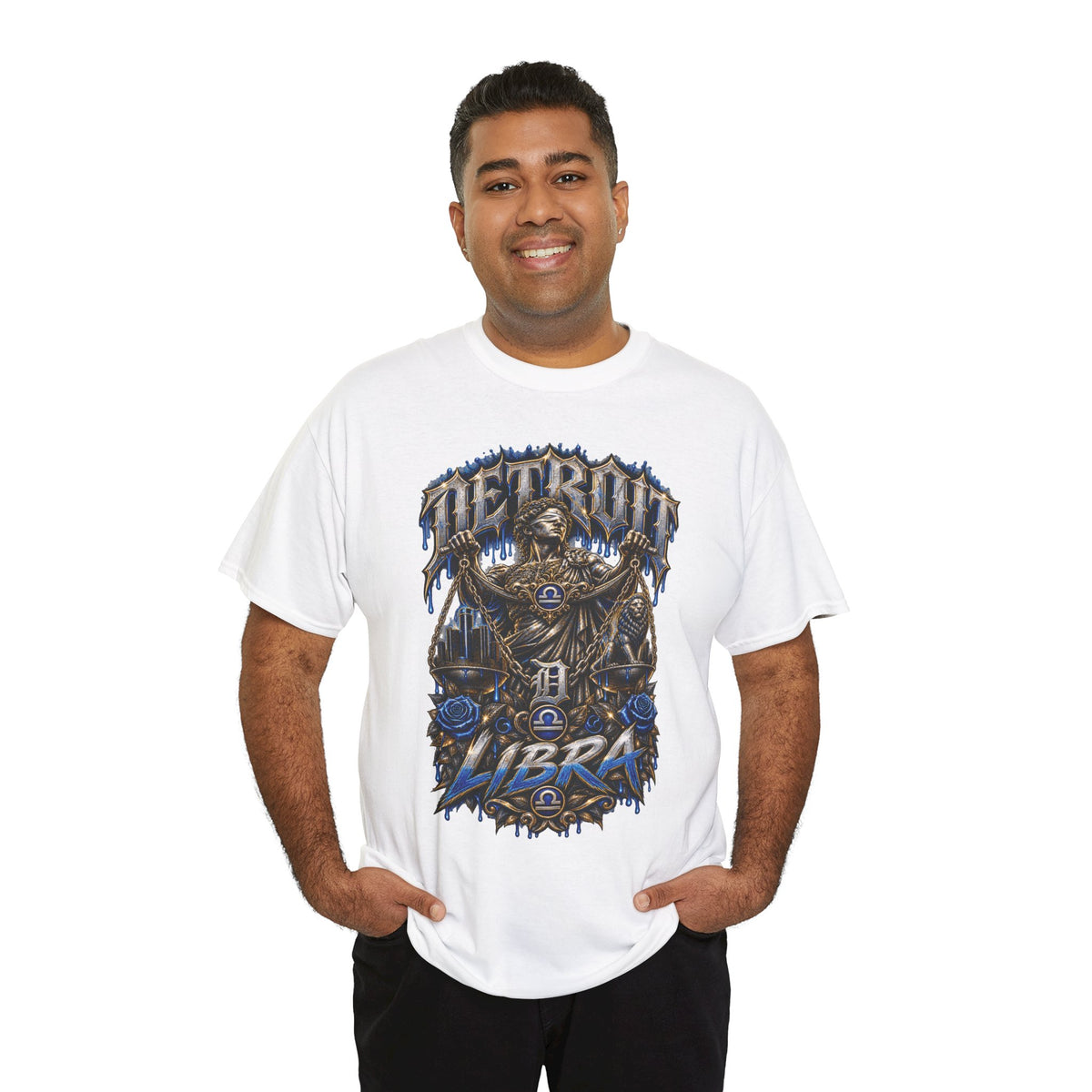 Detroit Libra T-Shirt | Skull Scales, Blue Roses, Zodiac Design