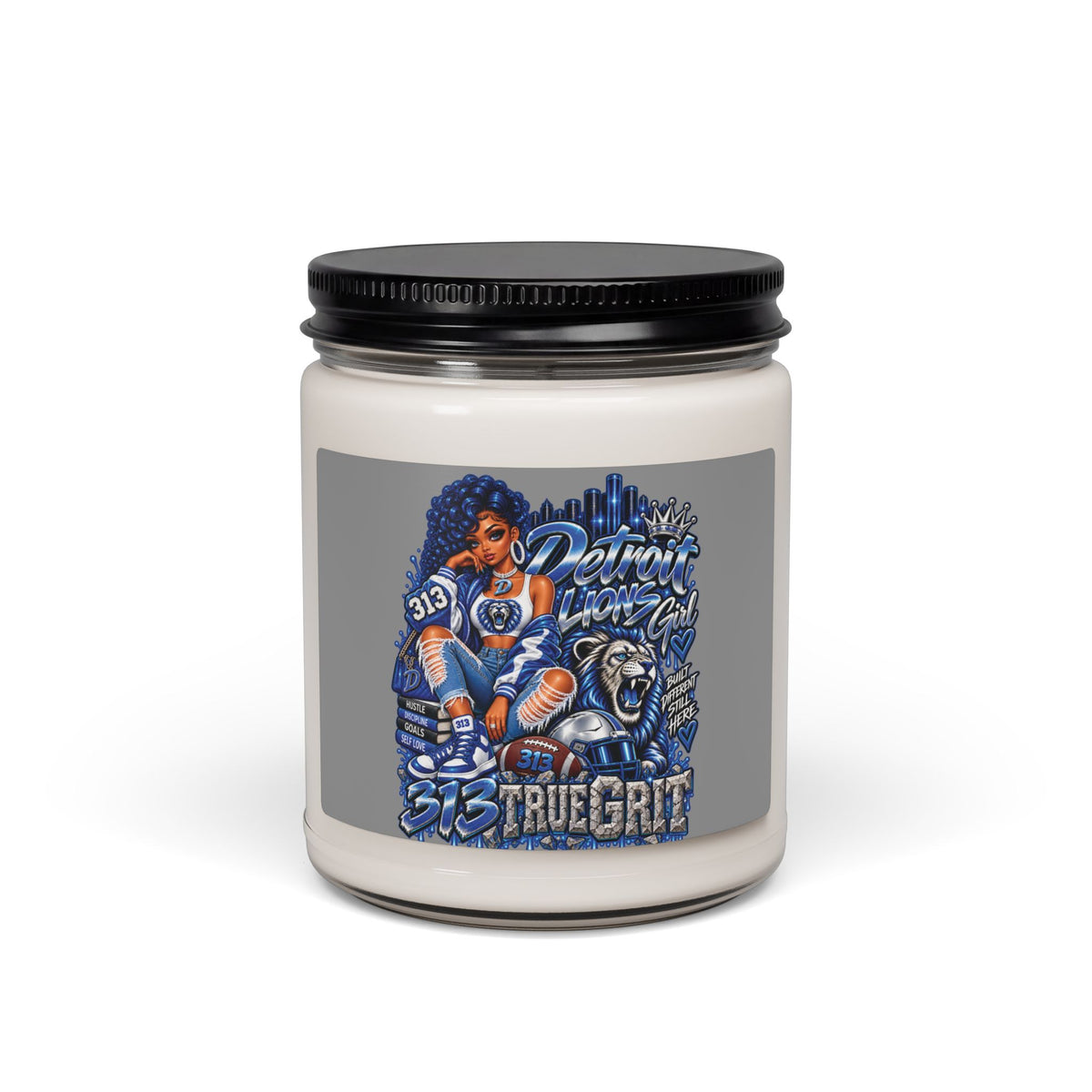 Detroit Lions Fan Art Candle, Soy Jar Candle | True Grit Football Design