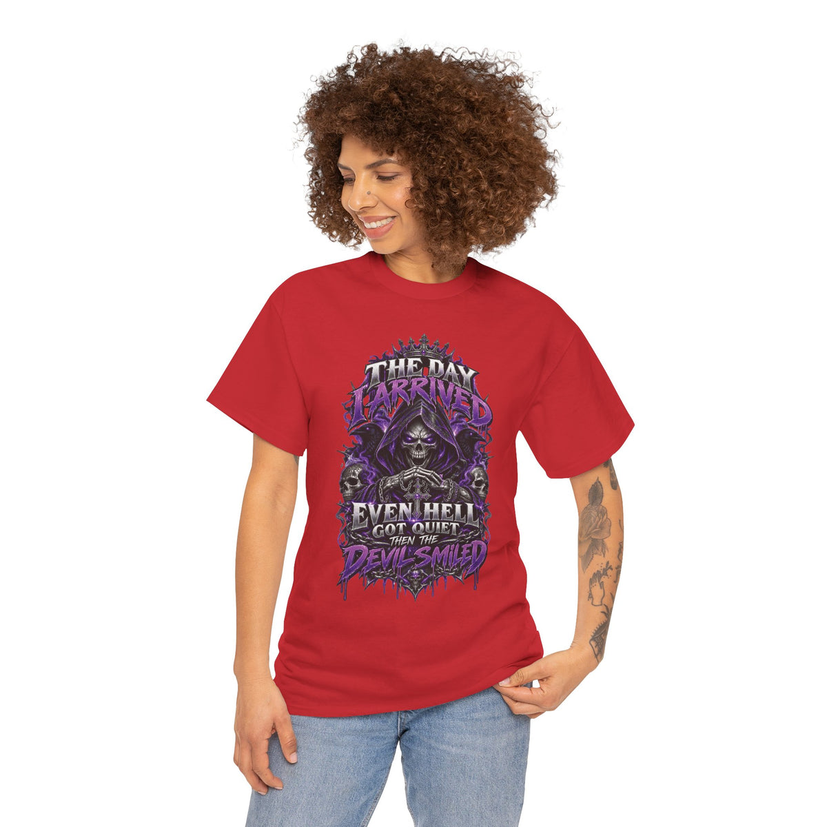 Grim Reaper Skull with Purple Flames T-Shirt | Gothic Death Quote Tee
