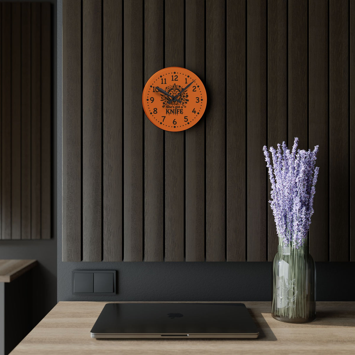 She got a knife acrylic wall clock | Halloween horror decor, orange skull design