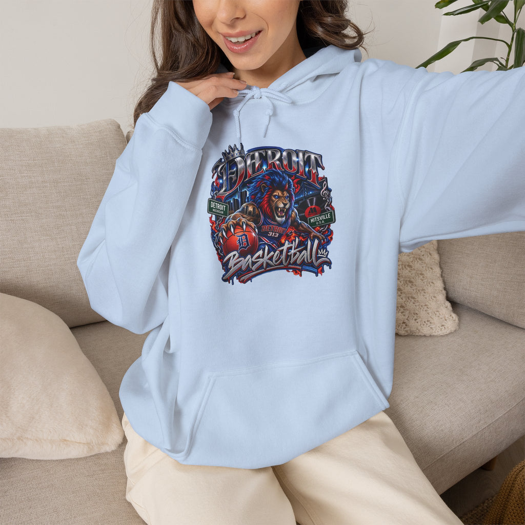 Detroit Basketball Graphic Hoodie | Vintage City Sports Logo, Front Collage Art