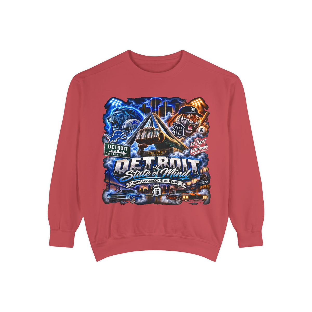 Detroit Skyline Motor City graphic Sweatshirt | Vintage cityscape, engine, blue orange