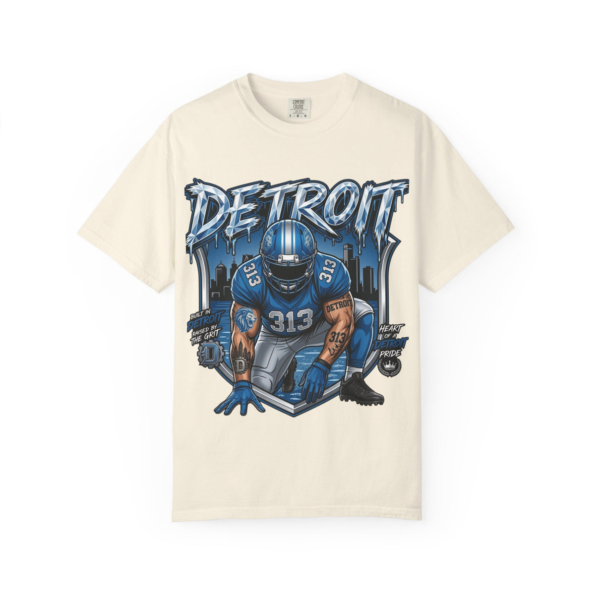 Copy of Detroit 313 Football Player T-Shirt | City Skyline, Blue Helmet Design