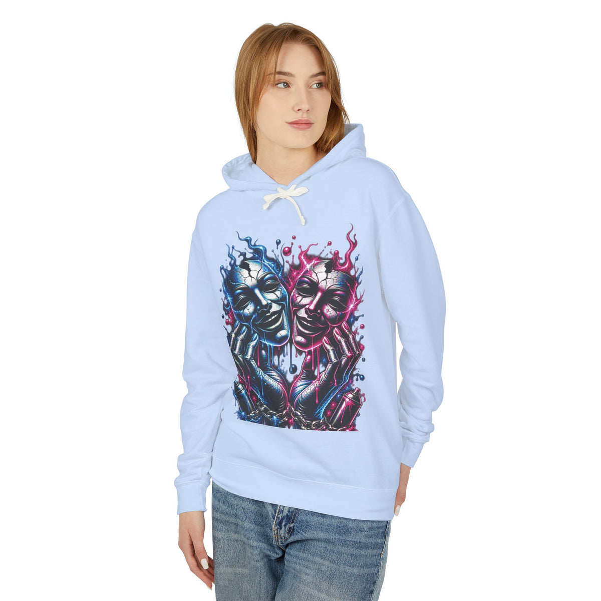 Dual Flame Masks Hoodie | Blue Pink Surreal Faces Graphic