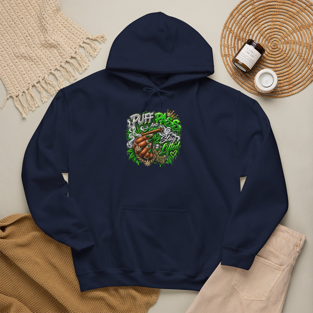 Puff Pass Stay Lifted Hoodie | Cannabis Leaf, Smoky Hand Illustration