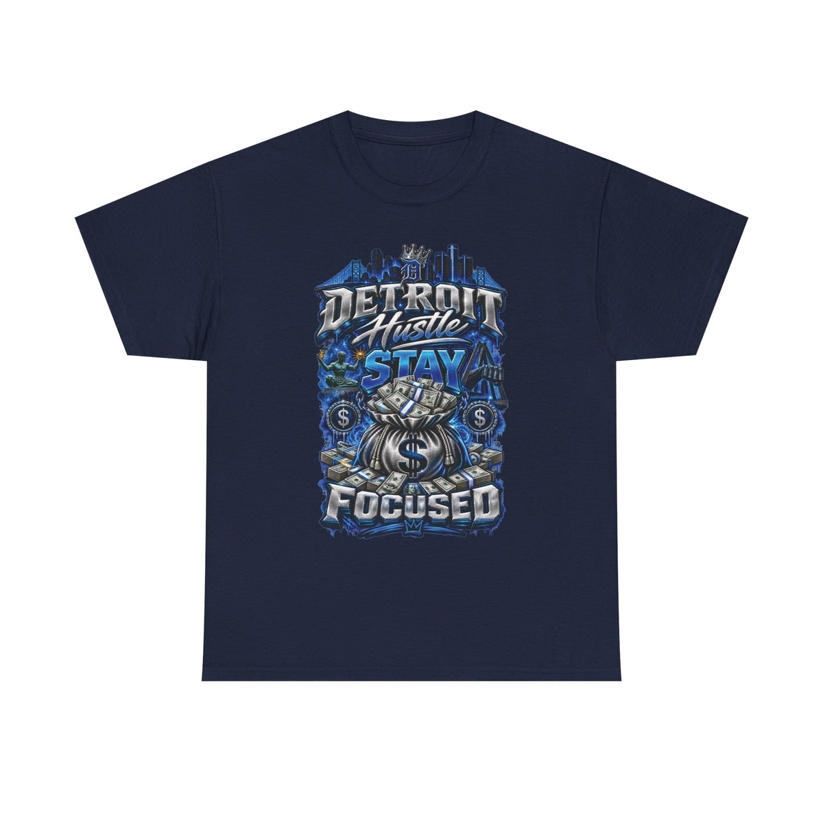 Detroit Hustle Stay Focused Tee | City Skyline, Money Bag Graphic