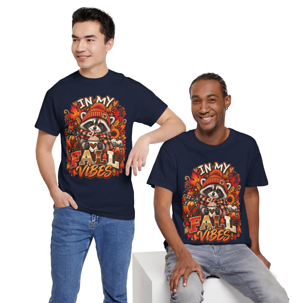 Cozy Raccoon Fall Vibes T-Shirt | Autumn Pumpkin Leaves Tee