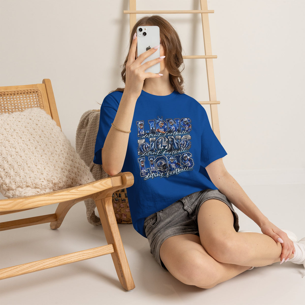 Lions Football Typography Tee | Blue Vintage Grunge Stadium Design
