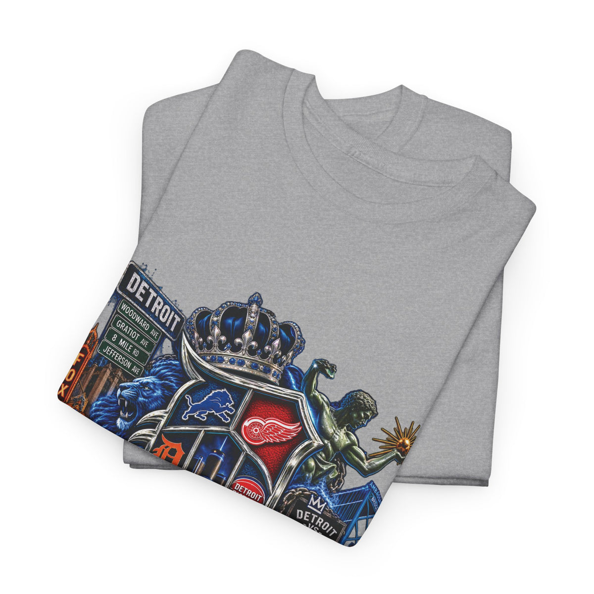 Detroit Skyline Collage T-Shirt | Motor City Landmarks, Vintage Neon Design