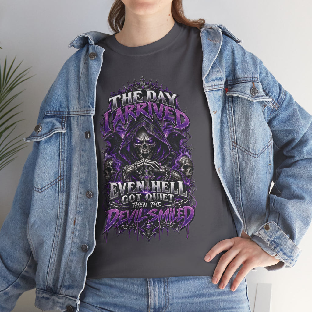 Grim Reaper Skull with Purple Flames T-Shirt | Gothic Death Quote Tee