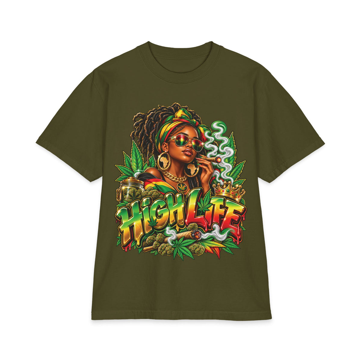 Detrpit 420 High Life Rasta Black Woman T-Shirt | Cannabis Reggae Vibes, Smoking Art