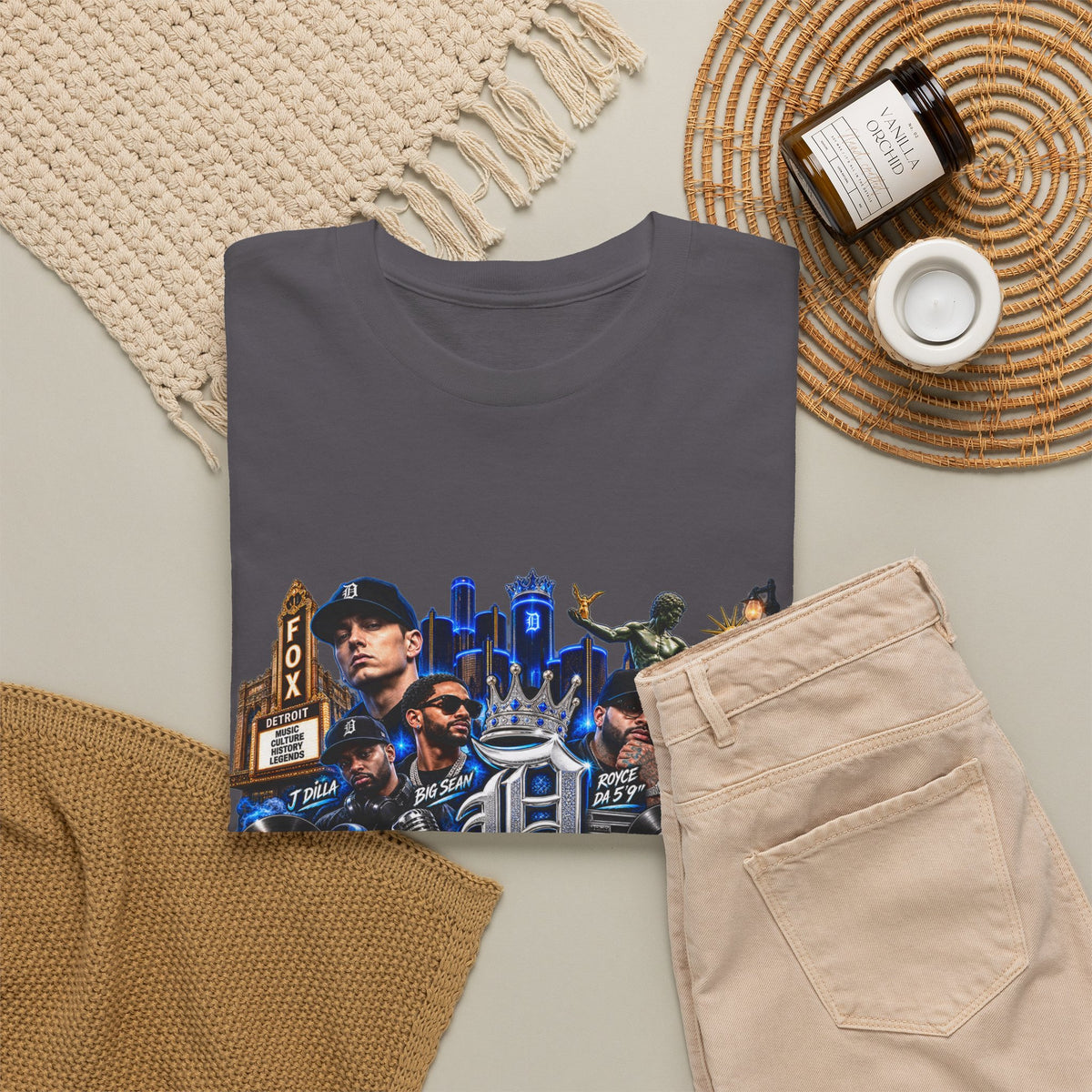 Detroit Legends collage T-Shirt | Motor City skyline, classic cars, musicians