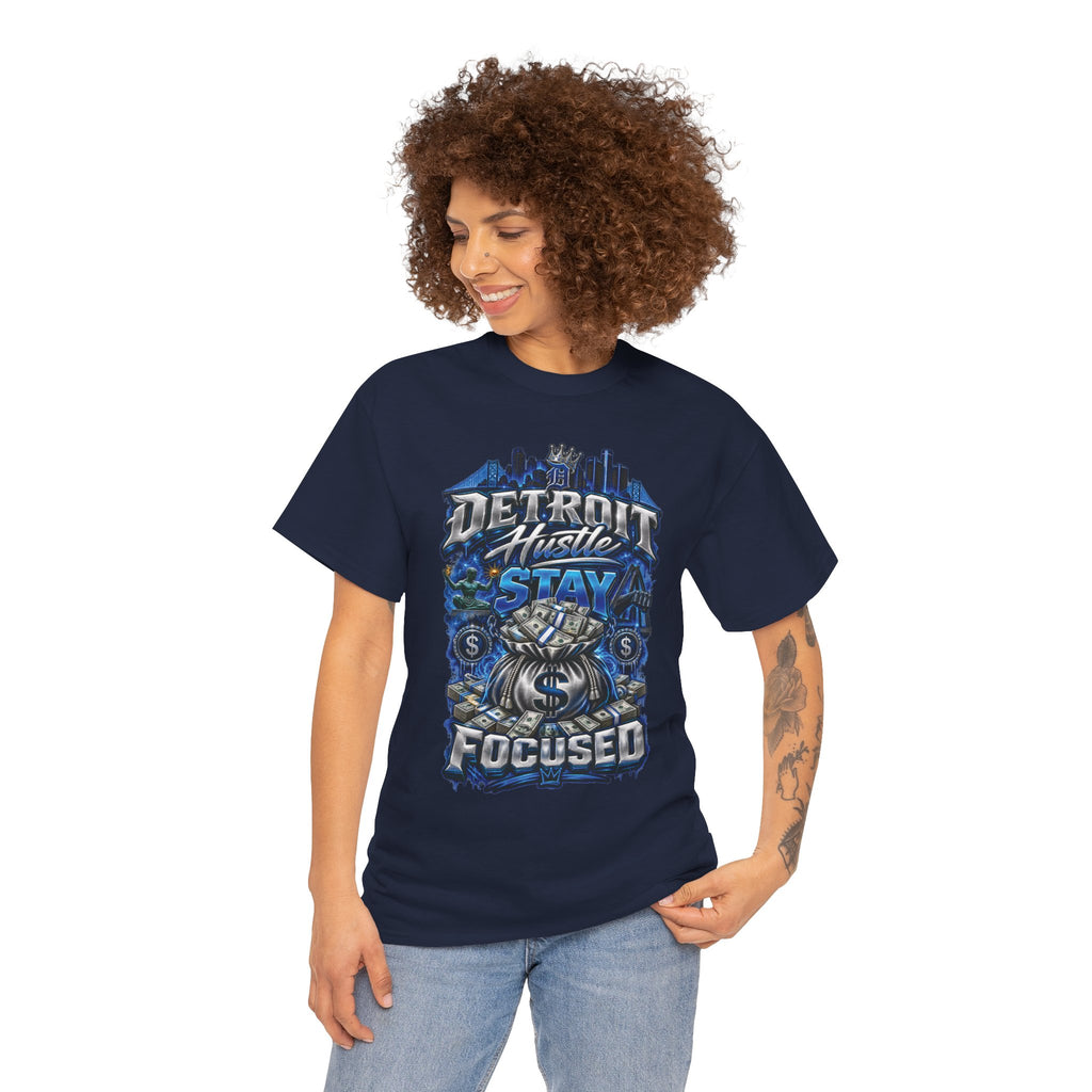 Detroit Hustle Stay Focused Tee | City Skyline, Money Bag Graphic
