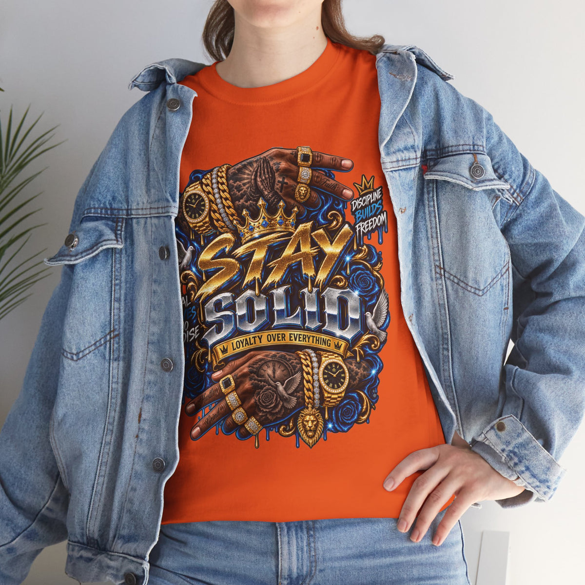 Stay Solid graphic tee | Urban street art typography, gold chain hands