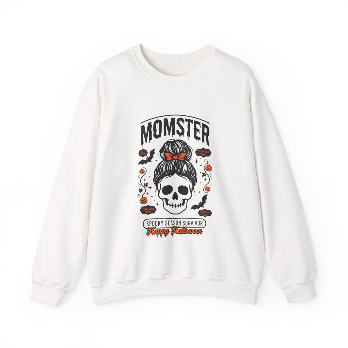Momster Skull with Bunned Hair Crewneck Sweatshirt | Halloween Mom Design