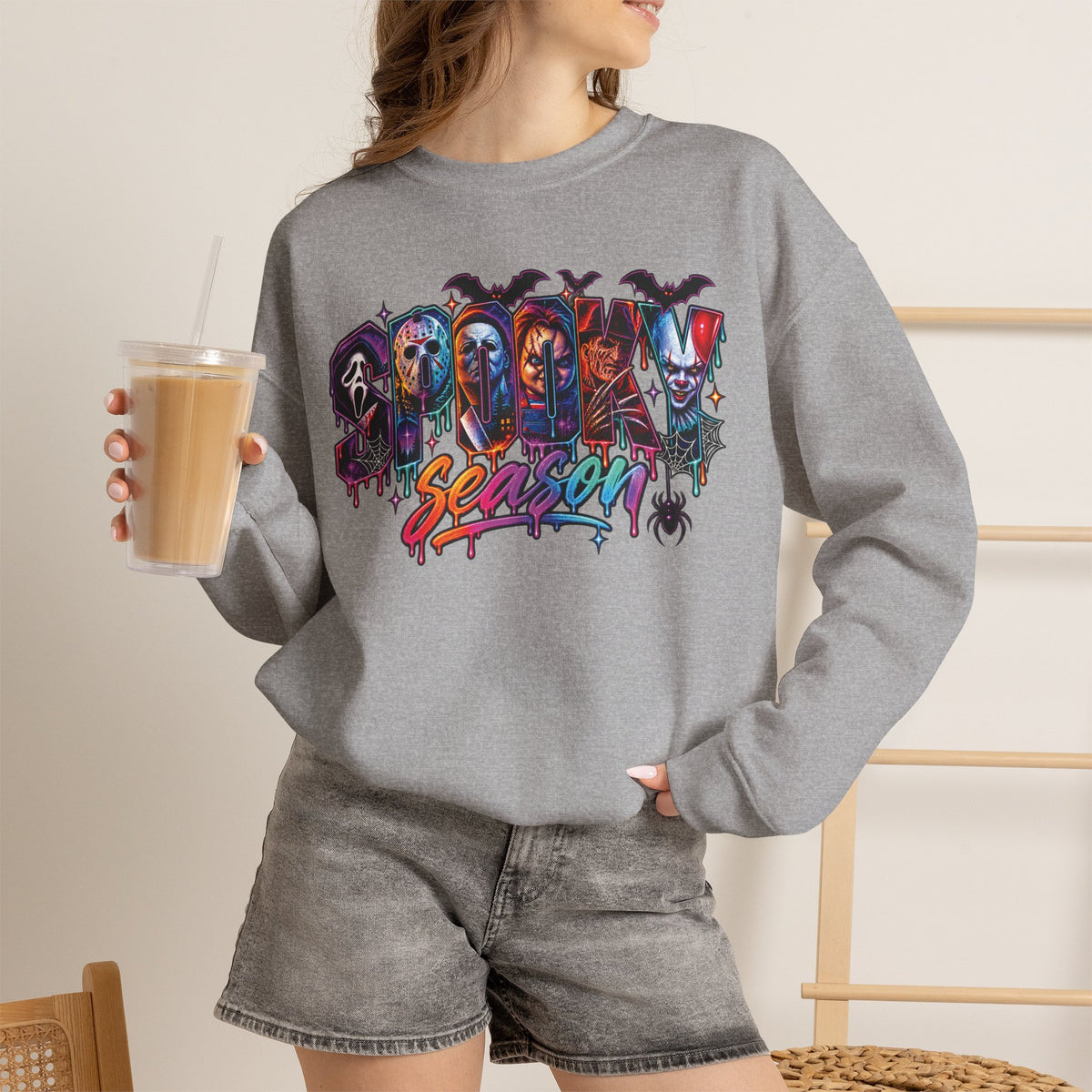 Spooky Season Horror Character Skateboard Crewneck Sweatshirt | Gothic Skate Graffiti