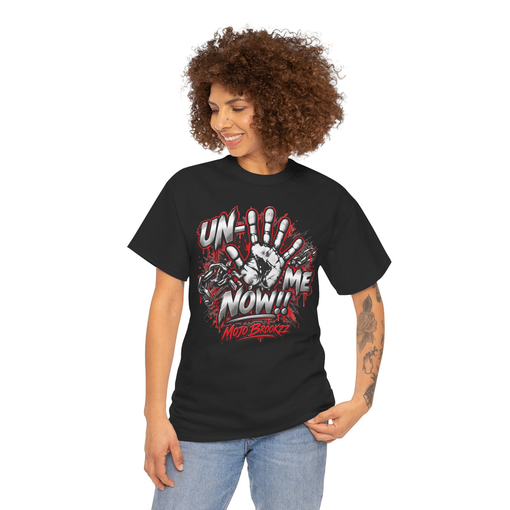 Unmute Me Now graphic tee | handprint, graffiti horror text
