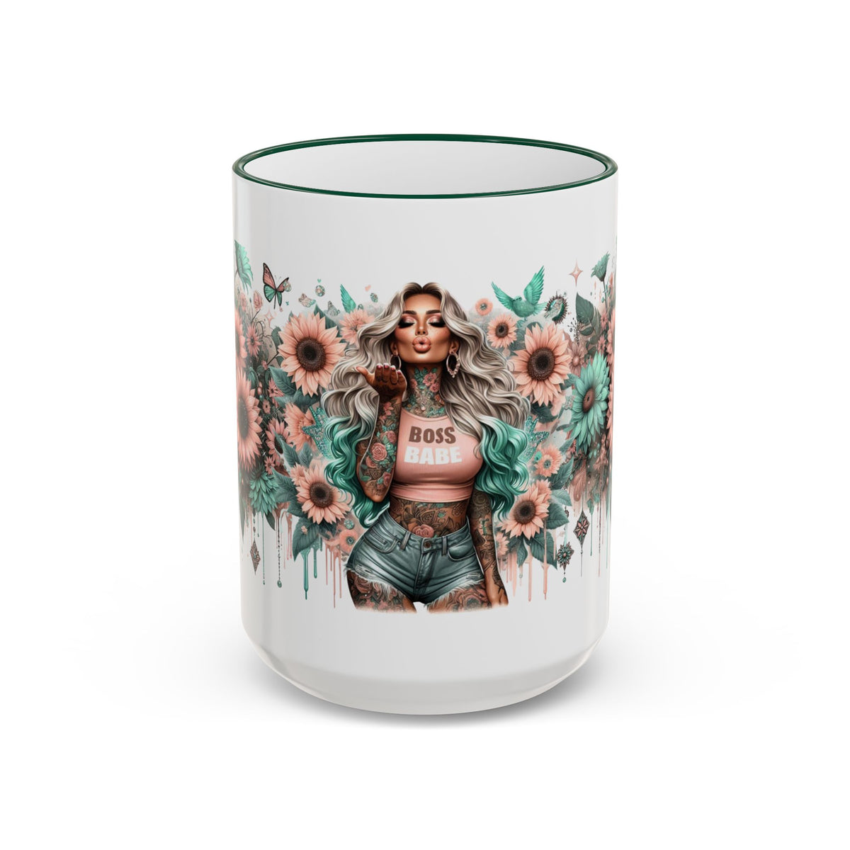 Boss Babe Floral Illustration Mug | Accent Rim & Handle Ceramic Coffee Cup