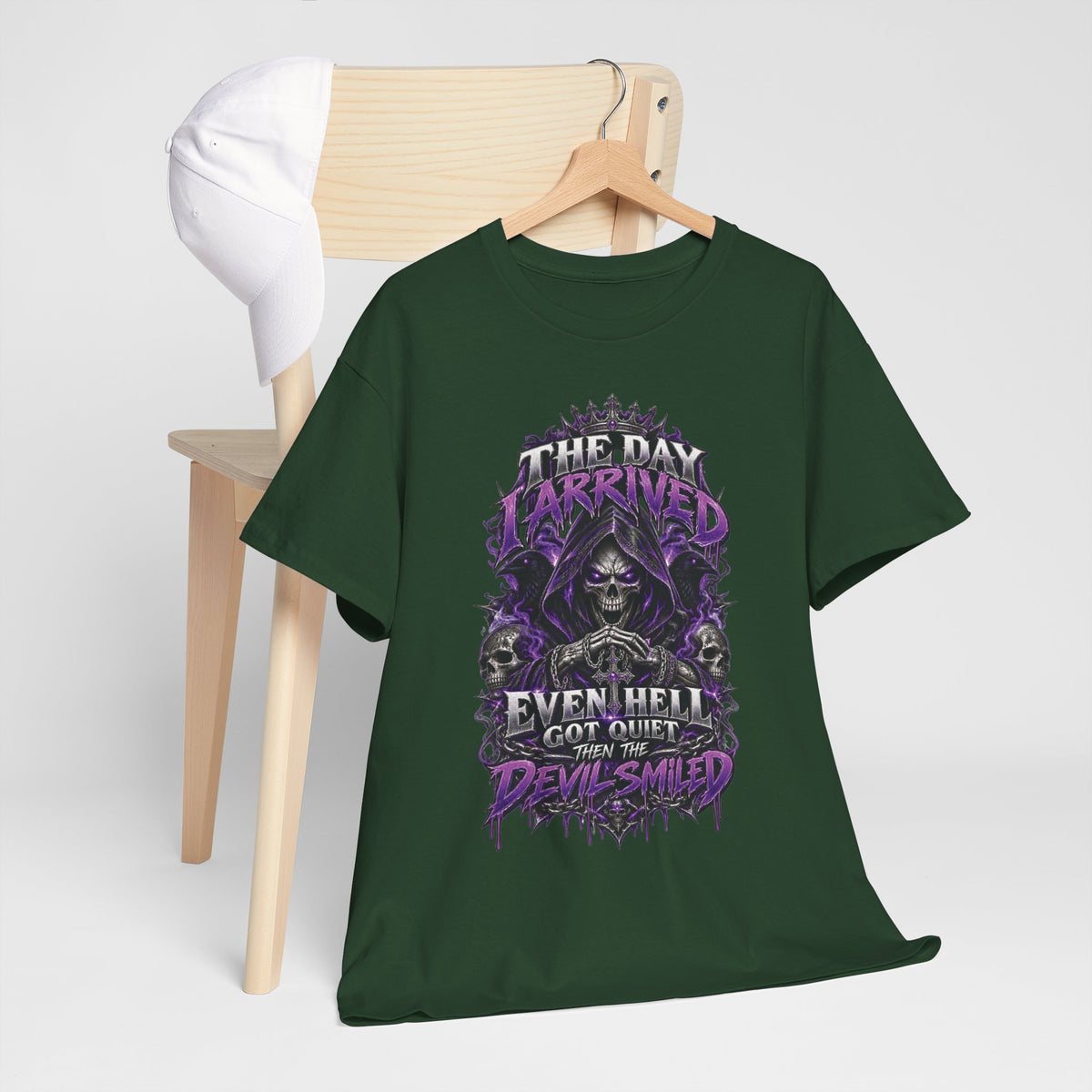 Grim Reaper Skull with Purple Flames T-Shirt | Gothic Death Quote Tee